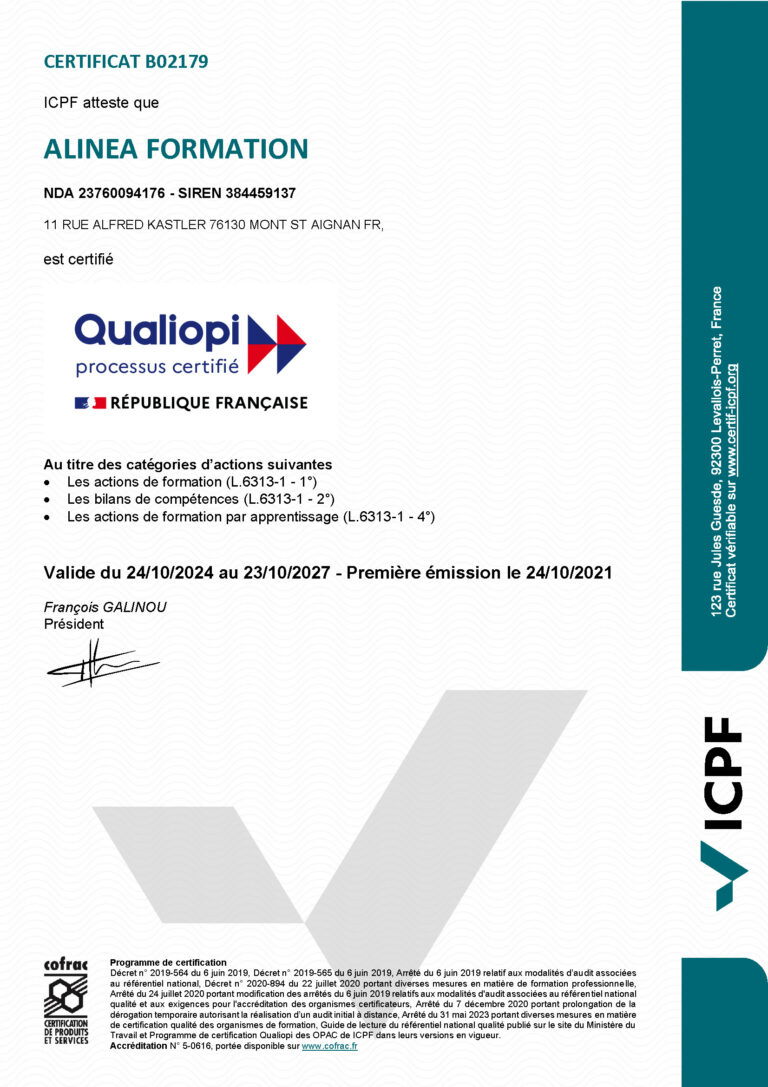 Certificat Qualiopi du centre de formation Alinéa Formation